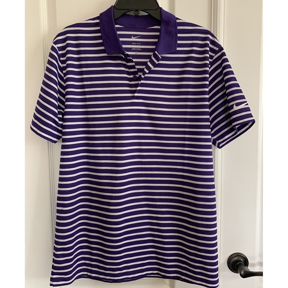 Nike Dri-Fit Men's Polo Shirt Size M Purple White Striped Short Sleeve Golf